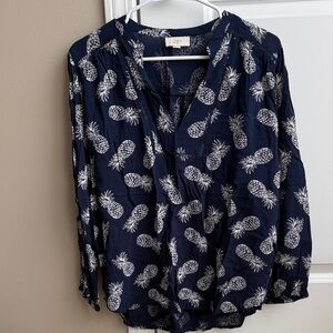 LOFT Dark Blue Pineapple Print Blouse